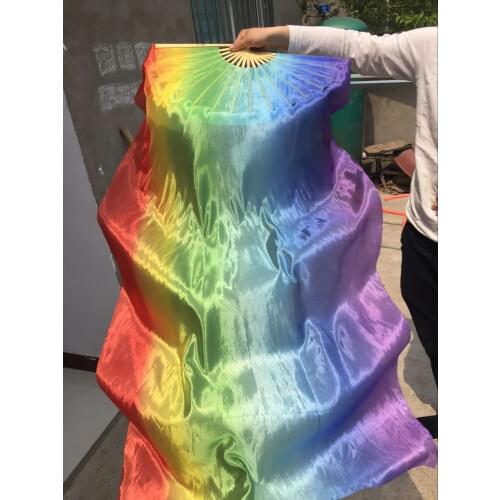 1pair=2pcs New Polyester soft shiny Rainbow belly dancing Fan Veils colorful Imitation silk Stage Dancing Veil Fans 1.8x0.9m