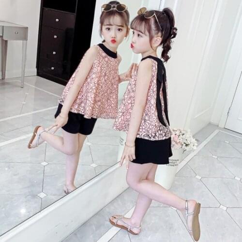 2021 teenager Children Clothes Girls mesh Summer Kids Clothes Baby Lace Sleeveless Tops t shirt + Shorts pant 4 6 8 10 12 Years