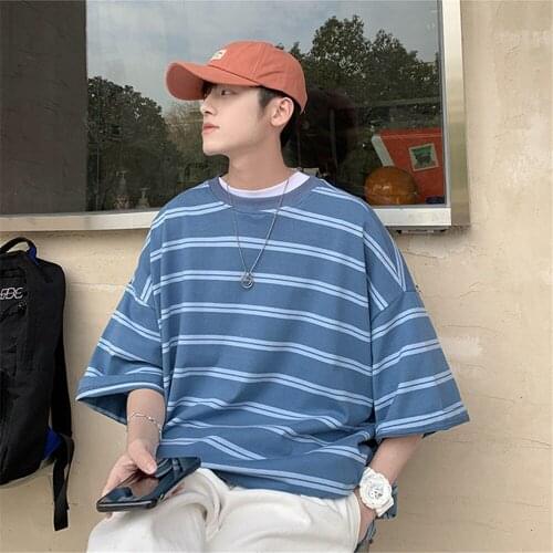 100% Cotton Striped T-Shirt Men Summer Loose T Shirt Streetwear Men Japan Clothes Casual Oversize Hip Hop T shirts For Boys
