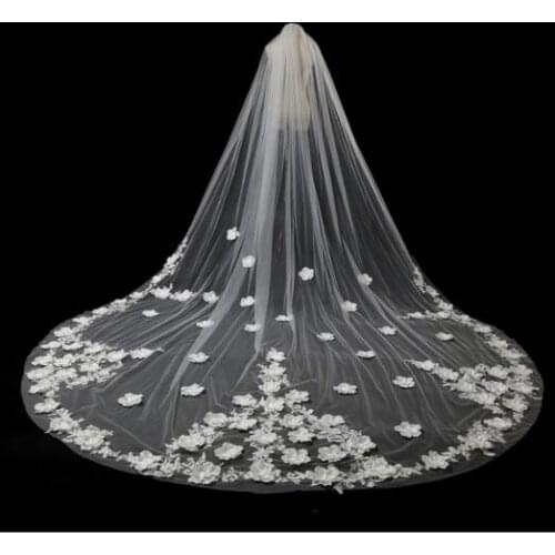 Cathedral Lace Flower Appliques White Ivory Bridal Veil 3M Long One Tier Wedding Unique Veils With Comb