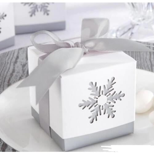 Snowflake candy box birthday wedding party square hollow favor boxes with grey ribbon bow present gift wrap