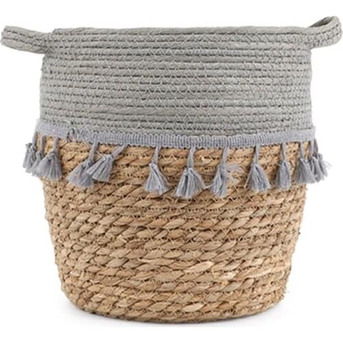Hand-woven Basket Storage Bucket Flower Pot With Waterproof Plastic Lining 16*16*13cm Home Straw Plant Container