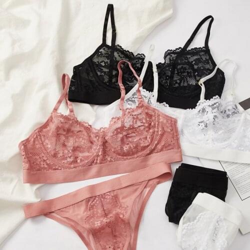 Wriufred bralette girl lace thong underwear triangle cup lace bra panties perspective no steel ring comfortable lingerie briefs