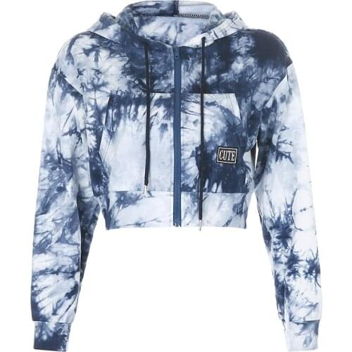 NEWDISCVRY Autumn Tie Dye Printed Womens Cropped Jackets Oversized Zipper Loose Coats Streetwear Fashion Vintage Hooded Coat