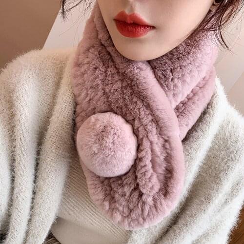 Lantafe Fur Scarf Short Womens Scarf Rex Rabbit Fur Real Fur ball Adornment Protect Neck Keep Warm Winter Collar Fashion Ladies