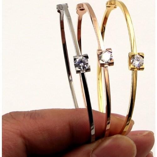 Fashion Stainless Steel Rose Gold Silver Simple Big Shinny Zircon Stone Bangle Bracelet For Women Jewelry Gift