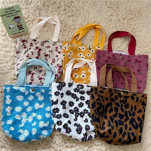 Small Shopping Tote Bag Literary Corduroy Shopping Bag 2020 New Daisy Print Handbag Lunch Box Casual Buckle Small Square Bag