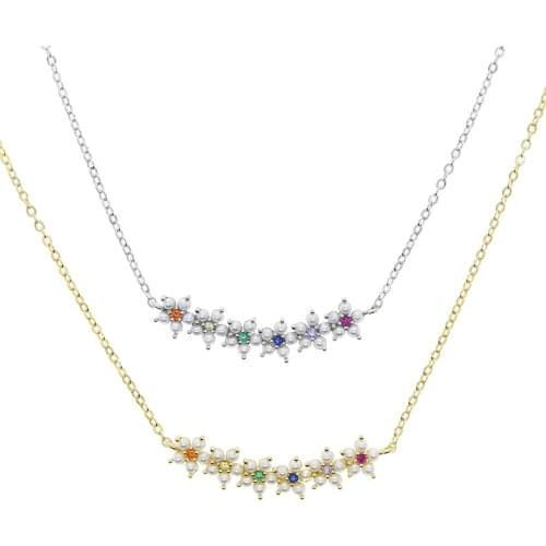 Colorful Rainbow Cubic Zirconia Choker Gold colo CZ Pearl Beaded Flower Charm Cute Delicate Dainty Necklace Women Jewelry