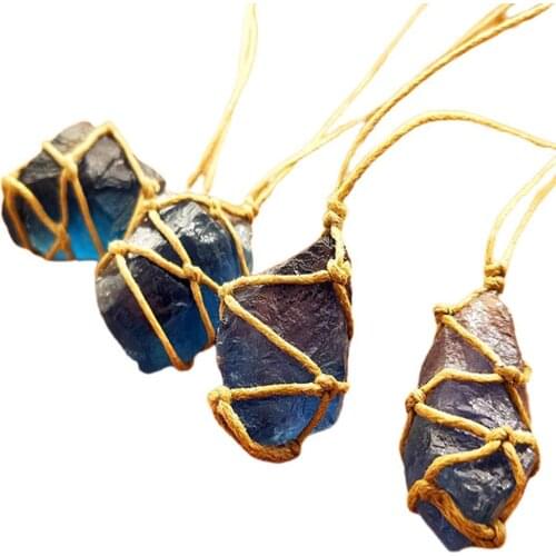 2021 Rope Knitted Wrapped Natural Quartz Fluorite Stone Hanging Pendant Home Ornament