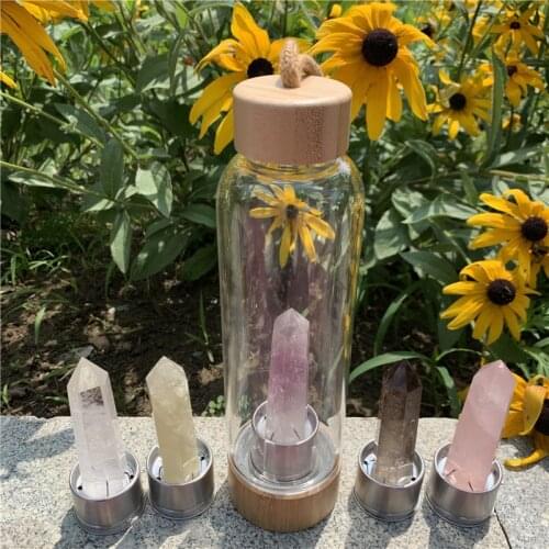 Drop shipping 550ml natural crystal quartz point gemstone healing crystal energy elixir drink water bottle bamboo glass cup gift