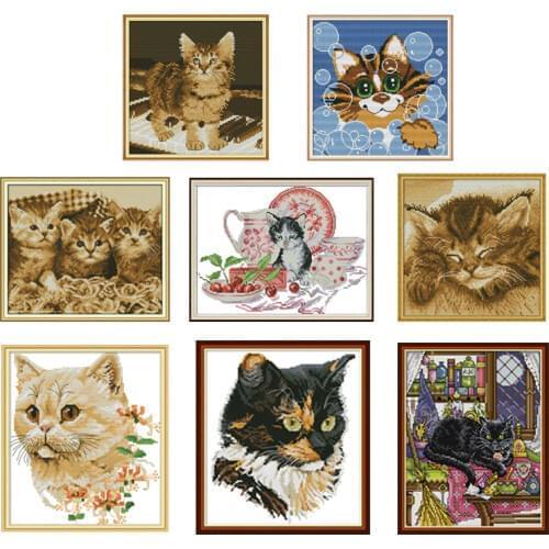 Joy Sunday Needlework DIY DMC Cross Stitch Cat Animals 14CT11CT Printed Canvas for Embroidery Stitch Counted Cross Wall Painting