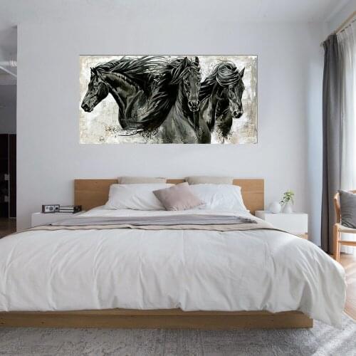 Modern Animal Wall Art Canvas Print Three Black Horse Poster Painting for Living Room Bedroom Wall Decor Vintage Home Decorative