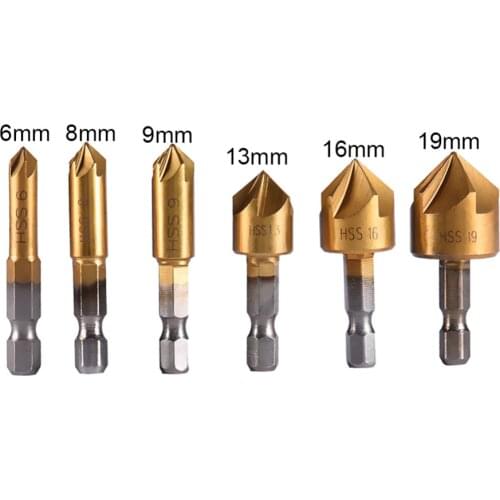 6pcs 5 Flute Countersink Drill Bit 1/4'' Hex HSS Shank 90 Degrees Wood Chamferring Cutter 6-19mm For Woodworking Tools