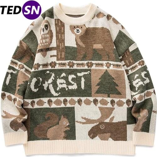 Hip Hop Owl Bear Print Knitted Sweater Men Women Streetwear Cotton Pulover Vintage Harajuku Gothic Sweater Oversize Loose Unsiex