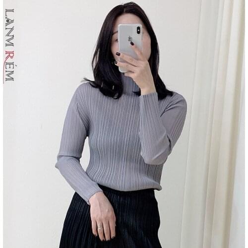LANMRE Pleated T-shirt Womens Top Turtleneck Long Sleeve Solid Color Versatile Thin Base Shirt Thin All-match Clothing 2T1229