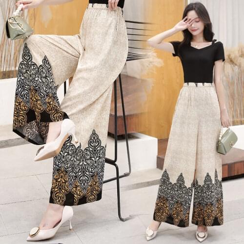 Womens Fashion Wide Leg Pants 2020 Summer Casual High Waist Elastic Waist Printing Loose Bohemia Trousers Cropped Pants F183