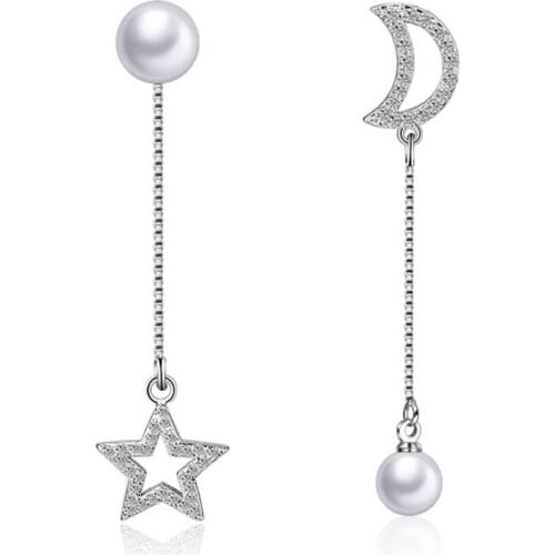 Womens Elegant Asymmetric Star Moon Ear Chains Dangle Earrings Pearl Dangle Asymmetric Earrings Jewelry