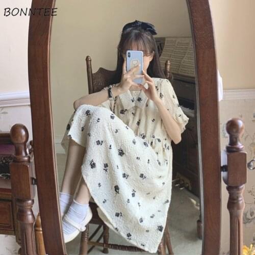 Dresses Women Floral Knee-length Empire Summer Fashion French Oversize All-match Design Vestido Feminino Aesthetic Retro College