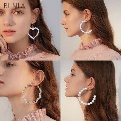 2019 Fashion Korean Imitation Pearl Long Earrings For Women Statement Round Heart Gold Big Pearl Dangle Earrings Wedding Jewelry