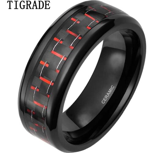 8mm Black Ceramic Ring Men Red Carbon Fiber Inlay Engagement Rings Wedding Band Women Rings Comfort Fit Male anel masculino