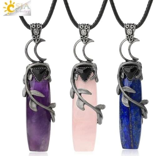 CSJA Antique Silver Color Pendant Necklaces Natural Crystal Stones Leaves Winding Faceted Rectangle Long Pendants Women Men G587