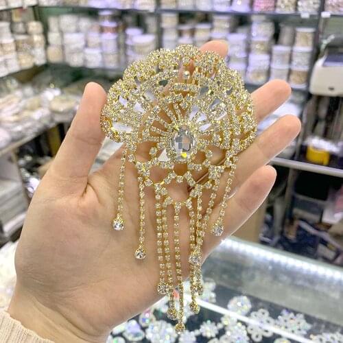 Flower shape crystal AB clear rhinestone applique shoulder chain with tassel wedding DANCE dress decoration DIY sew on stone