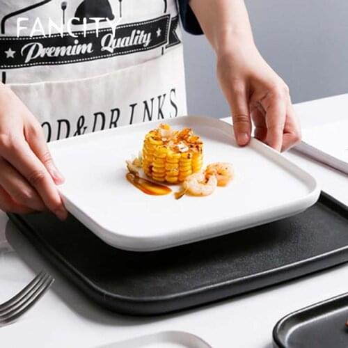 FANCITY Black and white steak dinner plate Western-style household square plate Nordic simple frosted creative ins style Western