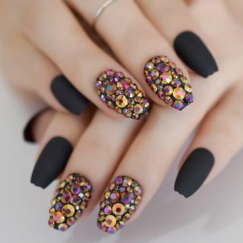 Black Color Coffin Short Matte Nails Input Rhinestones Nails Decoration Nail Art Design Colorful Crystal Diamond Nails EchiQnail