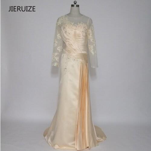 JIERUIZE Champagne Lace Appliques Mermaid Long Evening Dresses Long Sleeves Mother of the Bride Dresses Formal Dresses
