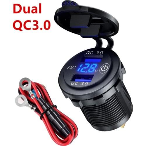 Dual QC 3.0 36W USB Fast Charger Socket Power Outlet Adapter LED Display Voltmeter Touch Switch Waterproof For RV Boat Motor Car