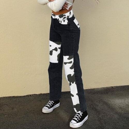 Patchwork Cow Print High Waist Jeans Straight Wide Leg Pants Loose Casual Jeans Ladies Hip-Hop Black Trousers