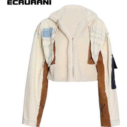 ECRURANI Patchwork Casual Coats For Women Lapel Long Sleeve Hit Color Pockets Zipper Vintage Coat Females 2021 Fashion New Style