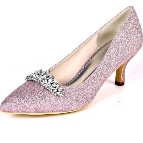 Elegant bling glitter lady medium heels pointed toe pumps crown crystal brooch bridal wedding party prom dress shoes slip in