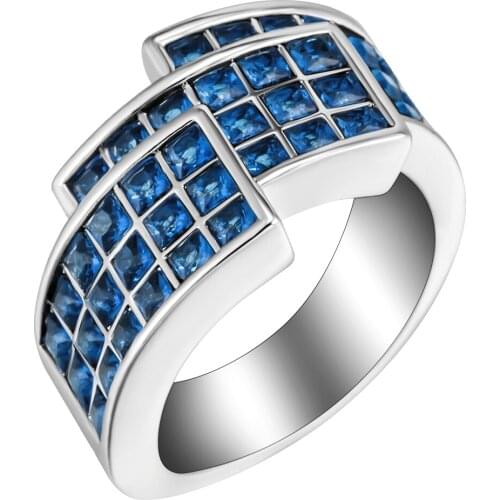 Hainon New Fashion Luxury Unique Shape Silver Color Ring with Blue Cubic Zirconia Wedding Engagement Ring For Women & Men