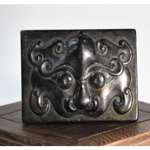 Hongshan culture archaize black iron meteorite sculpture tiger head card statue