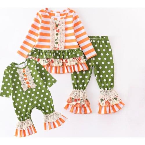 Girlymax Fall Baby Girls Pumpkin Olive Stripe Dots Romper Toddler Pants Ruffles Set Boutique Sisters Wear Kids Clothing