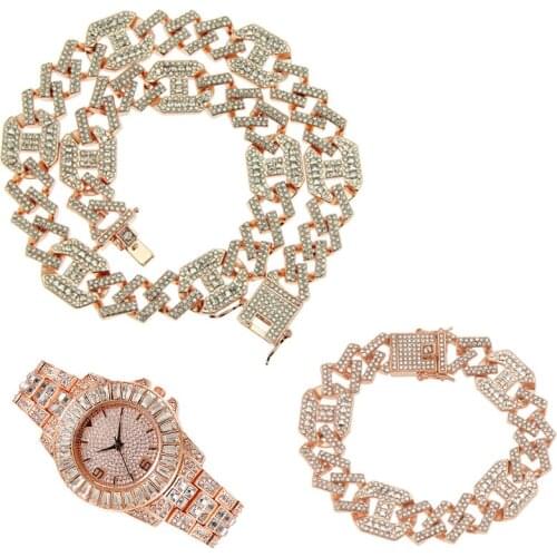 3pcs Kit Hip Hop 17MM Iced Out AAA+ Alloy Rhinestones Coffee Bean Prong Cuban Necklace+Watch+Bracelet Bling For Men Jewelry