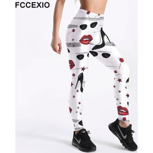 FCCEXIO New Women Legging Big Lips Printing Leggins Slim Cartoons High Elasticity Legins Popular Fitness Leggings Woman Pants