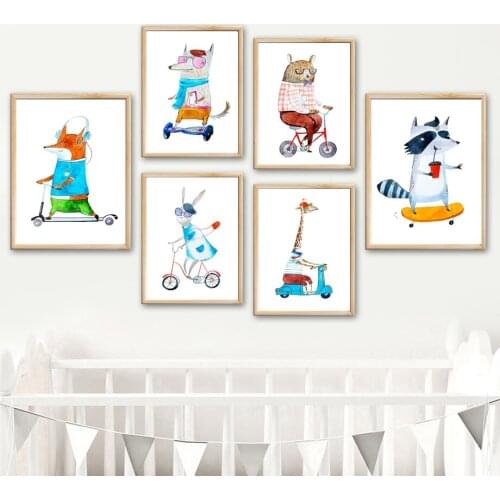 Fox Wolf Rabbit Bear Giraffe Raccoon Skateboard Wall Art Canvas Painting Nordic Posters And Prints Wall Pictures Kids Room Decor