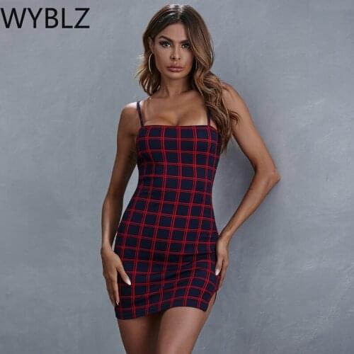 WYBLZ 2021 Summer Women Y2k Club Party Mini Dress Spaghetti Strap Sexy Backless Sleeveless Split Plaid Ladies Bodycon Dresses