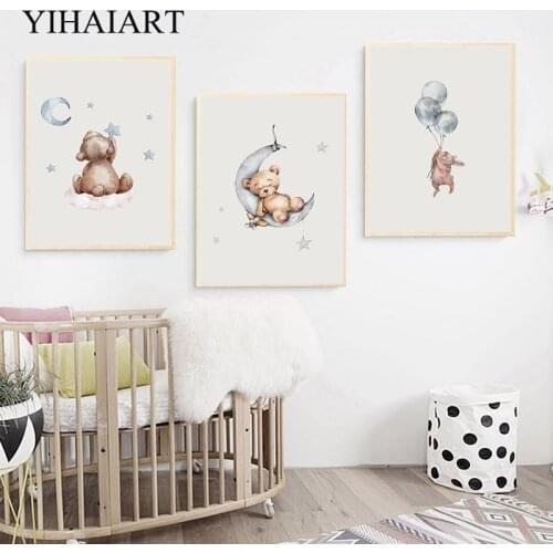 Baby Nursery Wall Art Poster And Print Bear Bunny Woodland Animal Canvas Painting Ballon Moon Picture Nordic Kids Bedroom Decor