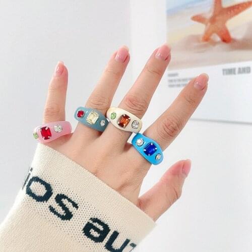 New Korean Artistic Irregular Geometric Colorful Transparent Crystal Rhinestones Acrylic Ring for Women Girls Jewelry Party Gift