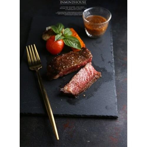 New Rectangle Texture matte black premium rock stone steak dispay western dinner plate luxury feel