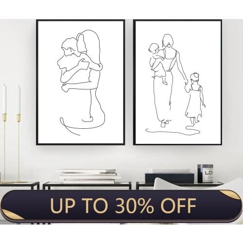 Mother and Daughters Son Art Line Drawing Posters Abstract Minimalist Wall Art Canvas Painting Moder Decorative Pictures