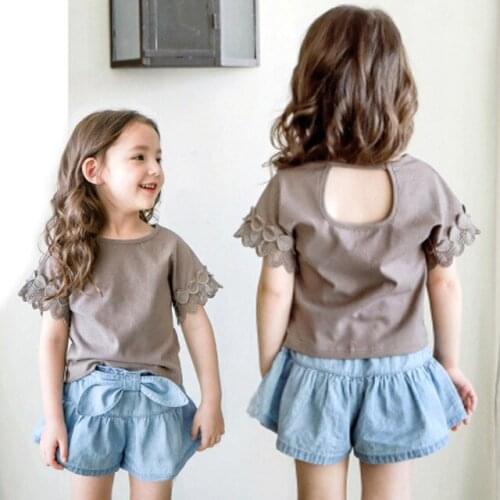 3 4 5 6 7 Years Toddler Girls T-shirts Cotton Lace Sleeve Tops for Girls Kids Clothing Casual Summer Baby Girl Tshirts Tees 2019