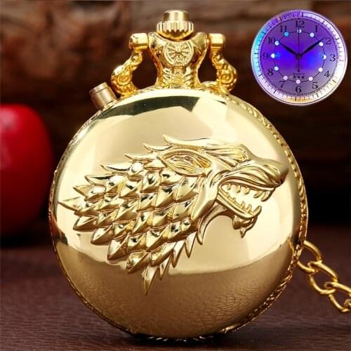 Retro Carved Wolf Alloy Case Luminous LED Watch Unisex Analog Quartz Pocket Watch Pendant Chain FOB Clock Best Gifts reloj