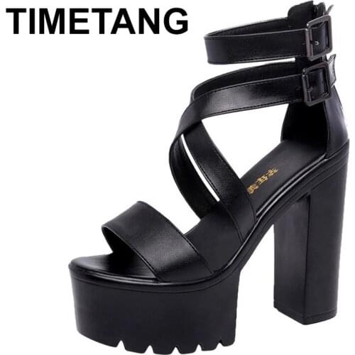 TIMETANGSuper High Heels Sandals Ladies Platform Sandals Summer 2020 Bandage Block Heel Gladiator Sandals Leather Party Shoes