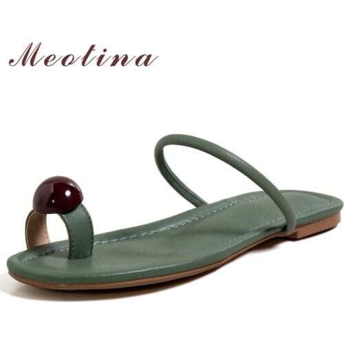 Meotina Women Genuine Leather Sandals Flip Flop Round Toe Flat Slides Casual Ladies Slippers 2021 Beach Shoes New Green Brown 40