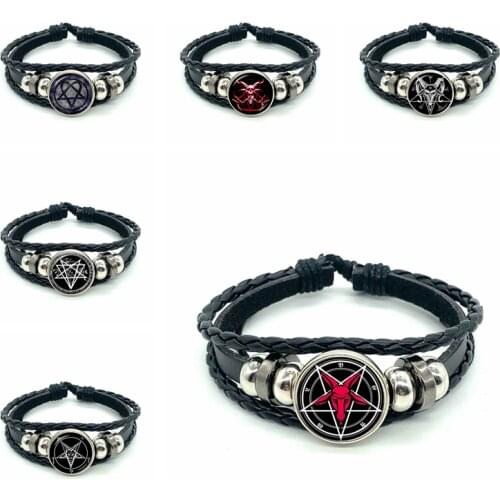 Mysterious Pentagram Gothic Leather Bracelet Pentagram Jewelry Pagan Charm Leather Bracelet Mens Ladies Jewelry Gift