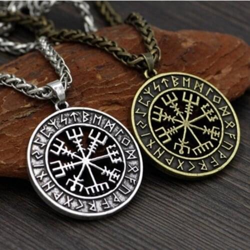 Viking Odin Rune Guardian Match Gold Chain Compass Pendant Fashion Men Necklace